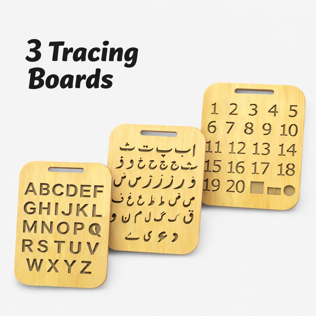Kids Wooden English & Urdu Alphabet Tracing Boards β Set of 3 - Image 1