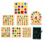 7-in-1 Kids Learning Bundle – Capital ABC, Small ABC, Urdu, Math, Shapes, Wooden Clock & LCD Writing Tablet