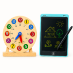 7-in-1 Kids Learning Bundle – Capital ABC, Small ABC, Urdu, Math, Shapes, Wooden Clock & LCD Writing Tablet - Image 2